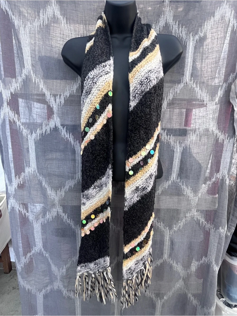 Black Multicolor Sequin Diagonal Stripe Knit Scarf - Unbranded